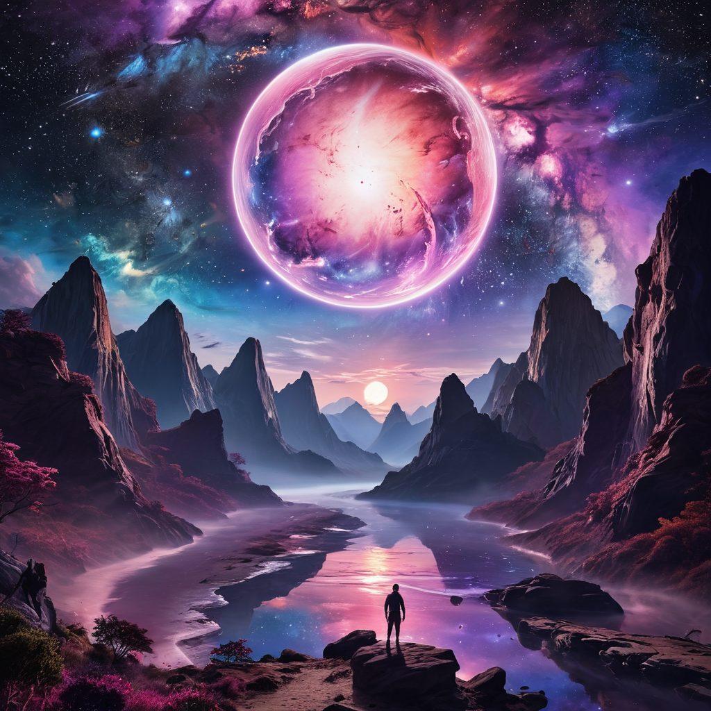 A celestial landscape featuring the mysterious planet Nibiru, surrounded by dazzling stars and swirling galaxies. In the foreground, a serene figure gazes into the cosmos, embodying a sense of wonder and tranquility. Rich colors of deep blues and purples infused with vibrant pinks and golds create an enchanting atmosphere. Incorporate ethereal light rays illuminating the scene, symbolizing both cosmic majesty and emotional bliss. super-realistic. vibrant colors. whimsical elements.