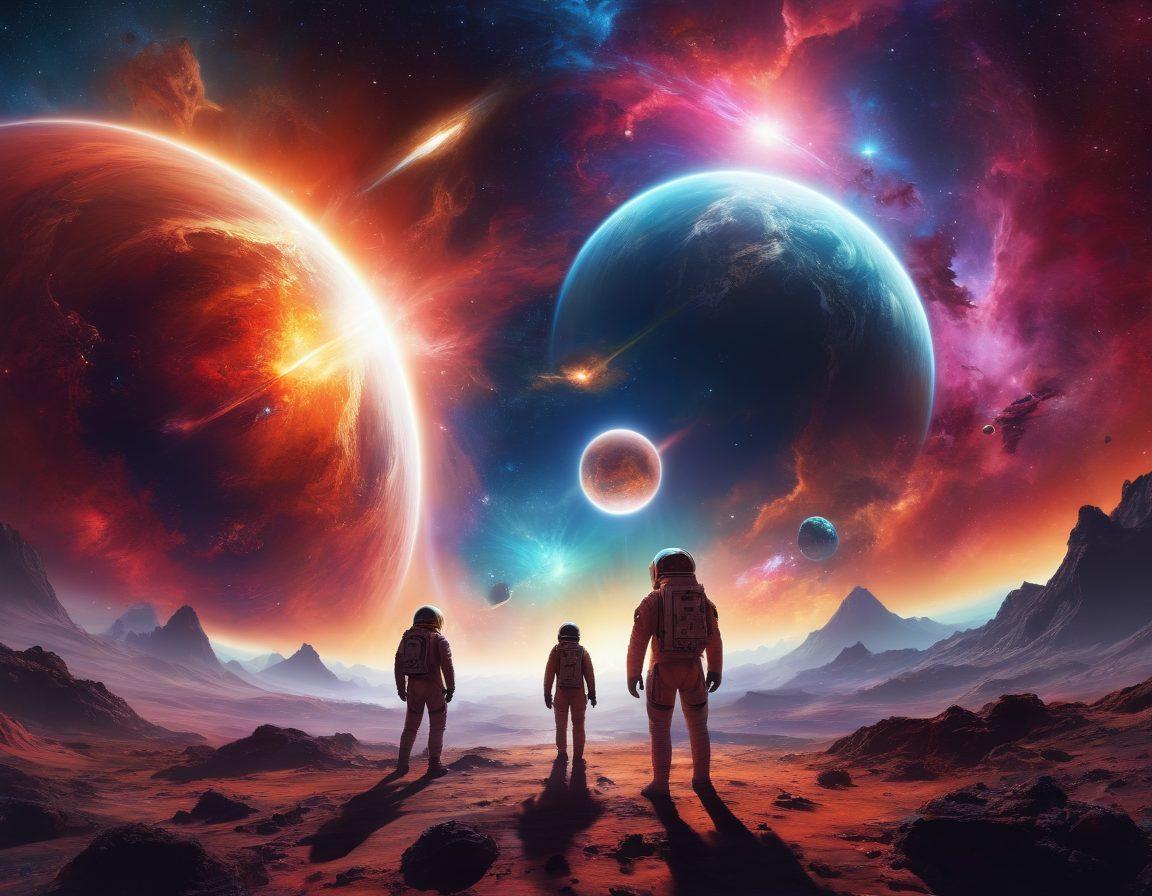 A breathtaking cosmic scene showcasing Planet Nibiru with vibrant supernova explosions in the background, surrounded by swirling colorful nebulae, and ethereal creatures celebrating blissful euphoria. The foreground features astronauts floating in awe, capturing the wonders of space. Create an overwhelming sense of joy and discovery. super-realistic. vibrant colors. cosmic theme.