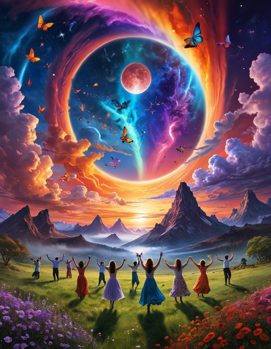 A surreal landscape featuring Planet Nibiru glowing vibrantly in a twilight sky, surrounded by swirling, colorful auroras and whimsical clouds. Below, a joyful group of diverse people engaging in communal dance, radiating bliss and unity, with flowers and butterflies illustrating ecstasy. The imagery should evoke feelings of joy and contentment, inviting viewers to embrace ecstatic vibes. super-realistic. vibrant colors. dreamy atmosphere.